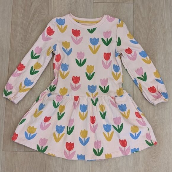 Mini Boden Cosy Sweatshirt Dress Girls Sz 6-7 Tulip Flower Print Pockets Pink - Picture 1 of 8